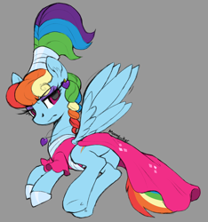 Size: 2644x2824 | Tagged: safe, artist:moonseeker, character:rainbow dash, species:pegasus, species:pony, episode:sparkle's seven, g4, my little pony: friendship is magic, alternate hairstyle, clothing, dress, ear piercing, earring, explicit source, eyeshadow, female, frown, hoof shoes, jewelry, lidded eyes, makeup, mare, megaradash, necklace, on side, palindrome get, piercing, rainbow dash always dresses in style, rainbow dash is not amused, skirt, solo, spread wings, unamused, wings