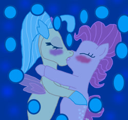 Size: 1300x1224 | Tagged: safe, artist:bigpurplemuppet99, character:pinkie pie, character:princess skystar, species:seapony (g4), ship:skypie, blushing, bubble, eyes closed, female, french kiss, heart, kissing, lesbian, seaponified, seapony pinkie pie, shipping, species swap, underwater