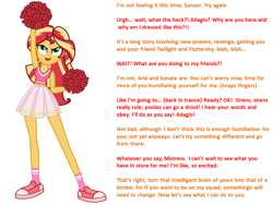 Size: 960x720 | Tagged: safe, artist:mixiepie, edit, editor:godofwar99, character:sunset shimmer, my little pony:equestria girls, belly button, cheerleader, clothing, converse, female, humiliation, hypnohub, implied adagio dazzle, manip, midriff, mind control, open mouth, pleated skirt, pom pom, red, shoes, skirt, sneakers, socks, text