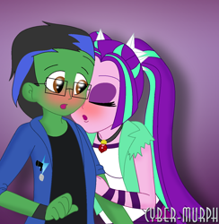 Size: 1232x1264 | Tagged: safe, artist:cyber-murph, character:aria blaze, oc, oc:thunderspeak, my little pony:equestria girls, blushing, commission, cute, eyes closed, glasses, jewelry, pendant, pigtails, signature