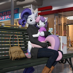Size: 2000x2000 | Tagged: safe, artist:tahublade7, character:coco pommel, character:rarity, character:sweetie belle, species:anthro, species:plantigrade anthro, species:pony, species:unicorn, 3d, butt touch, clothing, cute, daz studio, female, filly, hand on butt, jeans, mare, pants, siblings, sisters