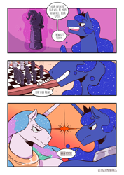 Size: 2480x3508 | Tagged: safe, artist:raph13th, character:princess celestia, character:princess luna, species:alicorn, species:pony, comic:glim glam and pals, chess, comic, dialogue, duo, eye contact, female, levitation, looking at each other, magic, mare, telekinesis