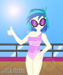 Size: 1488x1764 | Tagged: safe, artist:cyber-murph, character:dj pon-3, character:vinyl scratch, equestria girls:spring breakdown, g4, my little pony: equestria girls, my little pony:equestria girls, spoiler:eqg series (season 2), clothing, cruise, curvy, one-piece swimsuit, show accurate, signature, sunglasses, swimsuit, thumbs up, yacht