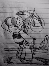 Size: 1920x2560 | Tagged: safe, artist:thebadbadger, oc, oc:ruby roulette, species:earth pony, species:pony, beach umbrella, bikini, bipedal, clothing, lineart, lined paper, swimsuit, waving