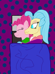 Size: 1300x1733 | Tagged: safe, artist:bigpurplemuppet99, character:pinkie pie, character:princess skystar, species:seapony (g4), ship:skypie, bed, cuddling, female, lesbian, seaponified, seapony pinkie pie, shipping, species swap, spooning