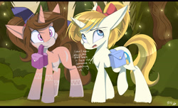 Size: 6500x3943 | Tagged: safe, artist:mistydash, oc, oc only, oc:grace fairweather, oc:misty dash, species:pony, species:unicorn, bow, bush, chest fluff, dialogue, female, forest, hair bow, hairband, leaning on the fourth wall, mare, mouth hold, saddle bag, tree