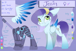Size: 7086x4724 | Tagged: safe, artist:mistydash, oc, oc:jessica, species:pegasus, species:pony, color palette, exosuit, female, mare, reference sheet, soldier, solo, text, weapon