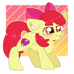 Size: 2000x2000 | Tagged: safe, artist:etoz, character:apple bloom, species:earth pony, species:pony, abstract background, adorabloom, backwards cutie mark, belly fluff, blep, blushing, bow, chest fluff, cute, cutie mark, ear fluff, female, filly, floppy ears, fluffy, gradient background, high res, looking up, mlem, silly, smiling, smirk, solo, the cmc's cutie marks, tongue out