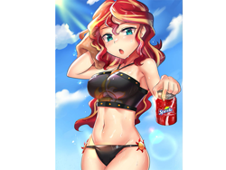 Size: 793x596 | Tagged: safe, artist:tzc, edit, character:sunset shimmer, my little pony:equestria girls, anime, belly button, breasts, busty sunset shimmer, clothing, female, midriff, soda, solo, sprite cranberry, summer sunset, swimsuit