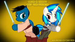 Size: 3840x2160 | Tagged: safe, artist:agkandphotomaker2000, character:dj pon-3, character:vinyl scratch, oc, oc:pony video maker, species:pony, canon x oc, crossover, jedi, lightsaber, may the fourth be with you, star wars, videoscratch, weapon, wrong eye color