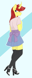Size: 877x2087 | Tagged: safe, artist:dyonys, derpibooru original, oc, oc only, oc:maya yamato, species:anthro, blushing, bow, clothing, curved horn, female, high heels, horn, looking back, miniskirt, pleated skirt, shoes, simple background, skirt, socks, stockings, thigh highs