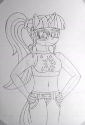 Size: 1428x2115 | Tagged: safe, artist:supra80, character:twilight sparkle, character:twilight sparkle (scitwi), species:anthro, species:eqg human, species:pony, species:unicorn, my little pony:equestria girls, alternate costumes, belly button, belt, clothing, cutie mark on clothes, female, glasses, hand on hip, jeans, midriff, pants, ponytail, sketch, smiling, solo, tank top, traditional art