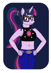 Size: 2744x3902 | Tagged: safe, artist:supra80, character:twilight sparkle, character:twilight sparkle (scitwi), species:anthro, species:eqg human, species:pony, species:unicorn, my little pony:equestria girls, alternate costumes, belly button, belt, clothing, cutie mark on clothes, female, glasses, hand on hip, jeans, midriff, pants, ponytail, simple background, smiling, solo, tank top, transparent background