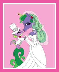 Size: 4123x5008 | Tagged: safe, artist:supra80, character:mane-iac, character:spike, species:anthro, clothing, crack shipping, dress, ear piercing, earring, hat, imminent kissing, jewelry, kissing, lipstick, male, marriage, necklace, photoshop, piercing, ring, shipping, size difference, smaller male, spike-iac, tiara, top hat, wedding, wedding dress, wedding ring, wedding veil