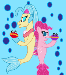 Size: 1300x1479 | Tagged: safe, artist:bigpurplemuppet99, character:pinkie pie, character:princess skystar, species:pony, species:seapony (g4), ship:skypie, blue background, clam, duo, female, lesbian, mare, seaponified, seapony pinkie pie, shelldon, shelly, shipping, simple background, species swap