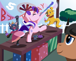 Size: 1500x1219 | Tagged: safe, artist:magerblutooth, character:diamond tiara, oc, oc:dazzle, oc:peal, species:earth pony, species:pony, comic:diamond and dazzle, banner, cat, cherry, cupcake, food, happy birthday, mouse, party horn, present, tree