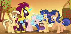 Size: 3781x1825 | Tagged: safe, artist:velveagicsentryyt, base used, character:cozy glow, character:tempest shadow, oc, oc:apple pie, oc:galaxy swirls, oc:velvet sentry, parent:applejack, parent:caramel, parent:flash sentry, parent:twilight sparkle, parents:carajack, parents:flashlight, species:pony, species:unicorn, a better ending for cozy, apple, apple tree, book, broken horn, cozy glow is not amused, female, food, horn, magic, mare, offspring, older, older cozy glow, royal guard, tempest becomes a royal guard, tempest gets her horn back, tree