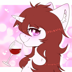 Size: 2000x2000 | Tagged: safe, artist:etoz, oc, oc only, species:pony, species:unicorn, alcohol, blushing, cute, drunk, female, glass, looking at you, mare, request, requested art, smiling, solo, wine, wine glass