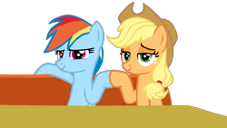 Size: 1136x640 | Tagged: safe, artist:nightshadowmlp, character:applejack, character:rainbow dash, species:pony, episode:the saddle row review, g4, my little pony: friendship is magic, applejack's hat, chair, clip art, clothing, cowboy hat, duo, hat, hoofbump, simple background, stetson, table, transparent background