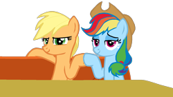 Size: 1136x640 | Tagged: safe, alternate version, artist:nightshadowmlp, character:applejack, character:rainbow dash, species:pony, episode:the saddle row review, g4, my little pony: friendship is magic, applejack's hat, chair, clip art, clothing, cowboy hat, duo, hat, hoofbump, palette swap, recolor, simple background, stetson, table, transparent background