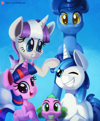 Size: 2000x2416 | Tagged: safe, artist:discorded, character:night light, character:shining armor, character:spike, character:twilight sparkle, character:twilight sparkle (unicorn), character:twilight velvet, species:pony, species:unicorn, episode:the point of no return, g4, my little pony: friendship is magic, baby, baby spike, blue background, bust, family, female, filly, filly twilight sparkle, male, patreon, patreon logo, portrait, simple background, sparkle family, stallion, teenage shining armor, younger