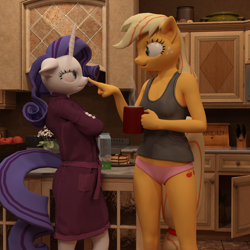 Size: 2000x2000 | Tagged: safe, artist:tahublade7, character:applejack, character:rarity, species:anthro, species:earth pony, species:pony, species:unicorn, ship:rarijack, 3d, boop, breasts, clothing, coffee mug, daz studio, female, food, lesbian, mare, mug, pancakes, panties, robe, shipping, shirt, size difference, underwear