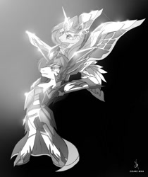 Size: 952x1136 | Tagged: safe, artist:zidanemina, character:princess cadance, character:shining armor, species:alicorn, species:pony, species:unicorn, couple, crossover, epic wife tossing, fastball special, grayscale, monochrome, saint seiya, throwing