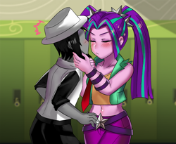 Size: 800x655 | Tagged: safe, artist:tzc, character:aria blaze, oc, oc:blackbird, my little pony:equestria girls, belly button, blushing, canon x oc, canterlot high, clothing, commission, fedora, female, hallway, hat, imminent kissing, lockers, male, midriff, necktie, pants, straight