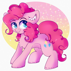 Size: 2000x2000 | Tagged: safe, artist:etoz, character:pinkie pie, species:earth pony, species:pony, abstract background, blue eyes, chest fluff, colored pupils, cute, diapinkes, ear fluff, eyebrows, female, gradient background, happy, mare, smiling, solo, wingding eyes