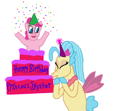 Size: 1300x1195 | Tagged: safe, artist:bigpurplemuppet99, character:pinkie pie, character:princess skystar, species:seapony (g4), ship:skypie, cake, female, food, lesbian, shipping