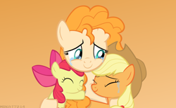 Size: 6398x3937 | Tagged: safe, artist:mrkat7214, character:apple bloom, character:applejack, character:pear butter, species:earth pony, species:pony, absurd resolution, adorabloom, bittersweet, crying, cute, dawwww, female, filly, hnnng, hug, if only, jackabetes, like mother like daughter, mare, mother and daughter, mother's day, pearabetes, reunion, show accurate, simple background, tears of joy