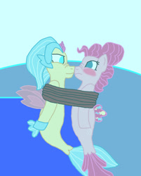 Size: 1300x1615 | Tagged: safe, artist:bigpurplemuppet99, character:pinkie pie, character:princess skystar, species:pony, species:seapony (g4), ship:skypie, adult, blushing, boop, bound together, female, lesbian, noseboop, rope, seaponified, seapony pinkie pie, shipping, species swap, tied up