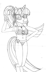 Size: 2126x3339 | Tagged: safe, artist:supra80, character:twilight sparkle, character:twilight sparkle (scitwi), species:anthro, species:eqg human, species:pony, species:unguligrade anthro, species:unicorn, equestria girls:forgotten friendship, g4, my little pony: equestria girls, my little pony:equestria girls, armpits, belly button, bikini, breasts, clothing, equestria girls ponified, female, geode of telekinesis, glasses, lineart, magical geodes, peace sign, pencil drawing, ponytail, solo, swimsuit, traditional art, unicorn sci-twi