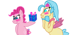 Size: 1300x607 | Tagged: safe, artist:bigpurplemuppet99, character:pinkie pie, character:princess skystar, species:seapony (g4), ship:skypie, blushing, female, lesbian, present, seaponified, seapony pinkie pie, shipping, species swap