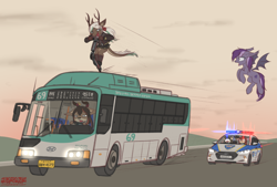 Size: 1726x1166 | Tagged: safe, artist:orang111, non-mlp oc, oc, oc:lynn, oc:violet rose, species:bat pony, species:dragon, bus, hyundai, korean, police, police car, pursuit, scooter