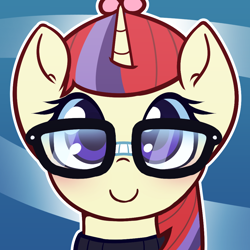 Size: 1000x1000 | Tagged: safe, artist:puetsua, part of a set, character:moondancer, species:pony, species:unicorn, abstract background, avatar, blushing, bust, clothing, cute, dancerbetes, female, glasses, looking at you, mare, portrait, smiling, solo, sweater
