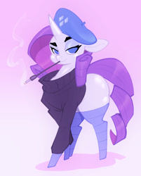 Size: 1335x1664 | Tagged: safe, artist:bigdad, character:rarity, species:pony, species:unicorn, bedroom eyes, beret, cigarette, cigarette holder, clothing, female, hat, lidded eyes, looking at you, mare, missing cutie mark, mouth hold, plot, smoking, solo, stockings, sweater, thigh highs