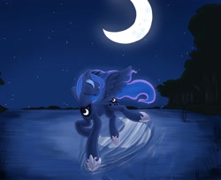 Size: 2337x1903 | Tagged: safe, artist:otakuap, character:princess luna, species:alicorn, species:pony, crown, ethereal mane, eyes closed, female, forest, happy, hoof shoes, horn, jewelry, moon, night, reflection, regalia, smiling, solo, spread wings, stars, tree, water, wings