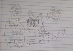 Size: 612x427 | Tagged: safe, artist:nightshadowmlp, character:twilight sparkle, character:twilight sparkle (alicorn), species:alicorn, species:pony, species:sphinx, book, dialogue, glowing horn, horn, implied cheese sandwich, implied pinkie pie, lined paper, species swap, sphinxified, traditional art