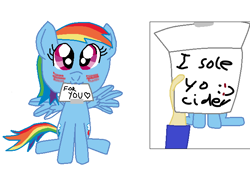 Size: 668x458 | Tagged: safe, artist:nightshadowmlp, edit, character:rainbow dash, species:human, species:pegasus, species:pony, :3, cute, dash's note meme, dashabetes, drunk, drunker dash, exploitable meme, female, filly, filly rainbow dash, hand, meme, mouth hold, ms paint, note, paper, smiling, text, younger
