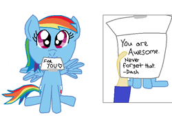 Size: 668x458 | Tagged: safe, artist:nightshadowmlp, edit, character:rainbow dash, species:human, species:pegasus, species:pony, :3, cute, dash's note meme, dashabetes, digital art, exploitable meme, female, filly, filly rainbow dash, hand, meme, meme origin, mouth hold, note, paper, positive ponies, smiling, text, younger