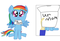Size: 668x458 | Tagged: safe, artist:nightshadowmlp, edit, character:rainbow dash, species:human, species:pegasus, species:pony, :3, cute, dash's note meme, dashabetes, digital art, exploitable meme, female, filly, filly rainbow dash, hand, meme, mouth hold, note, paper, smiling, text, ur mom, younger