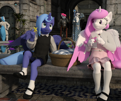 Size: 2400x2000 | Tagged: safe, artist:tahublade7, character:princess celestia, character:princess luna, character:star swirl the bearded, species:alicorn, species:anthro, species:plantigrade anthro, species:pony, 3d, basket, blue underwear, cewestia, clothing, colored wings, colored wingtips, cookie, daz studio, dress, female, filly, food, fountain, mary janes, panties, picnic basket, pink-mane celestia, robe, royal guard, schrödinger's pantsu, shoes, skirt, socks, underwear, upskirt, woona, young celestia, younger