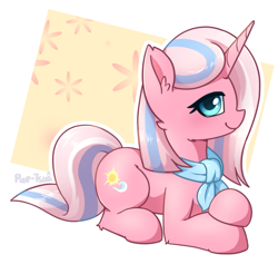 Size: 1835x1739 | Tagged: safe, artist:puetsua, character:clear sky, species:pony, species:unicorn, episode:common ground, g4, my little pony: friendship is magic, abstract background, ascot, cheek fluff, cute, cute sky, ear fluff, female, leg fluff, lidded eyes, looking at you, lying down, mare, neckerchief, smiling, solo