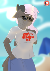 Size: 1350x1920 | Tagged: safe, artist:fleet-wing, oc, oc:nesserris, species:anthro, barely pony related, beach, breasts, female, hand in pocket, hand on bust, hand on chest, horns, lens flare, looking at you, shark, solo, sunglasses
