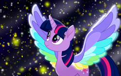 Size: 1280x800 | Tagged: safe, artist:katya, artist:pink1ejack, edit, character:twilight sparkle, character:twilight sparkle (alicorn), species:alicorn, species:pony, friendship is magic: rainbow roadtrip, g4, my little pony: friendship is magic, colored wings, cropped, female, horn, mare, multicolored wings, night, rainbow wings, sky, solo, spread wings, stars, vector, wing bling, wings
