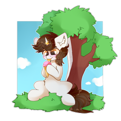 Size: 2000x2000 | Tagged: safe, artist:etoz, community related, derpibooru original, oc, oc only, oc:metronome circuit, species:pony, species:unicorn, blushing, ear fluff, food, happy, horn, ice cream, licking, male, sitting, smiling, solo, stallion, tongue out, wingding eyes