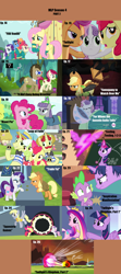 Size: 1760x3975 | Tagged: safe, artist:nightshadowmlp, edit, edited screencap, screencap, character:apple bloom, character:applejack, character:big mcintosh, character:derpy hooves, character:doctor whooves, character:flam, character:flim, character:fluttershy, character:granny smith, character:gummy, character:lord tirek, character:maud pie, character:pinkie pie, character:princess cadance, character:rarity, character:roseluck, character:scootaloo, character:seabreeze, character:spike, character:sweetie belle, character:time turner, character:toe-tapper, character:torch song, character:twilight sparkle, character:twilight sparkle (alicorn), species:alicorn, species:breezies, species:centaur, species:dragon, species:earth pony, species:pegasus, species:pony, species:unicorn, episode:equestria games, episode:filli vanilli, episode:for whom the sweetie belle toils, episode:inspiration manifestation, episode:it ain't easy being breezies, episode:leap of faith, episode:maud pie, episode:somepony to watch over me, episode:testing testing 1-2-3, episode:trade ya, episode:twilight time, episode:twilight's kingdom, g4, my little pony: friendship is magic, season 4, 3d glasses, alligator, angry, apple bloom's bow, applejack's hat, beam, bed, bet, blanket, book, bow, bow ties, brooch, chair, chalkboard, clothing, cowboy hat, crown, cute, cutie mark crusaders, facial hair, female, filly, fireproof boots, flim flam brothers, flim flam miracle curative tonic, flying, fraud, glare, glowing horn, golden oaks library, grass, hair bow, hat, hoop, horn, hub logo, hubble, huddle, impact font, jewelry, magic, male, mare, mlp season compilation, moustache, necklace, open mouth, pie sisters, pillow, ponytones, ponytones outfit, ponyville, quartet, raised eyebrow, regalia, saddle bag, season 4 compilation, siblings, sisters, sisters-in-law, smoke, stairs, stallion, stetson, swimming pool, talking, text, the hub, the ponytones, tv rating, tv-y, wall of tags, water, wonderbolts logo