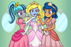 Size: 4134x2718 | Tagged: safe, artist:art-2u, oc, oc:azure/sapphire, oc:cold front, oc:disty, my little pony:equestria girls, clothing, crossdressing, digimon, evening gloves, femboy, feminization, gloves, gowns, long gloves, makeover, male, mario bros., princess, princess melody, princess mimi, princess peach, super mario bros., the little mermaid 2: return to the sea