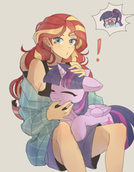 Size: 1400x1800 | Tagged: safe, artist:tcn1205, character:sunset shimmer, character:twilight sparkle, character:twilight sparkle (alicorn), character:twilight sparkle (scitwi), species:alicorn, species:eqg human, species:human, species:pony, ship:scitwishimmer, ship:sunsetsparkle, my little pony:equestria girls, cute, duo, exclamation point, eyes closed, female, holding a pony, human on pony petting, humanized, implied lesbian, implied scitwishimmer, implied shipping, implied sunset twiangle, implied sunsetsparkle, lesbian, looking at you, petting, pony coloring, shipping, sitting on lap, sunset twiangle, twiabetes, twolight